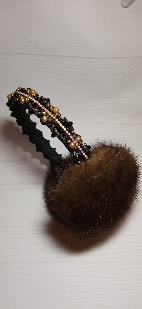 Mink Fur earmuffs with crystals in Brown