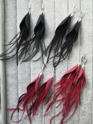 Red Earrings with Feathers-Silver Lock
