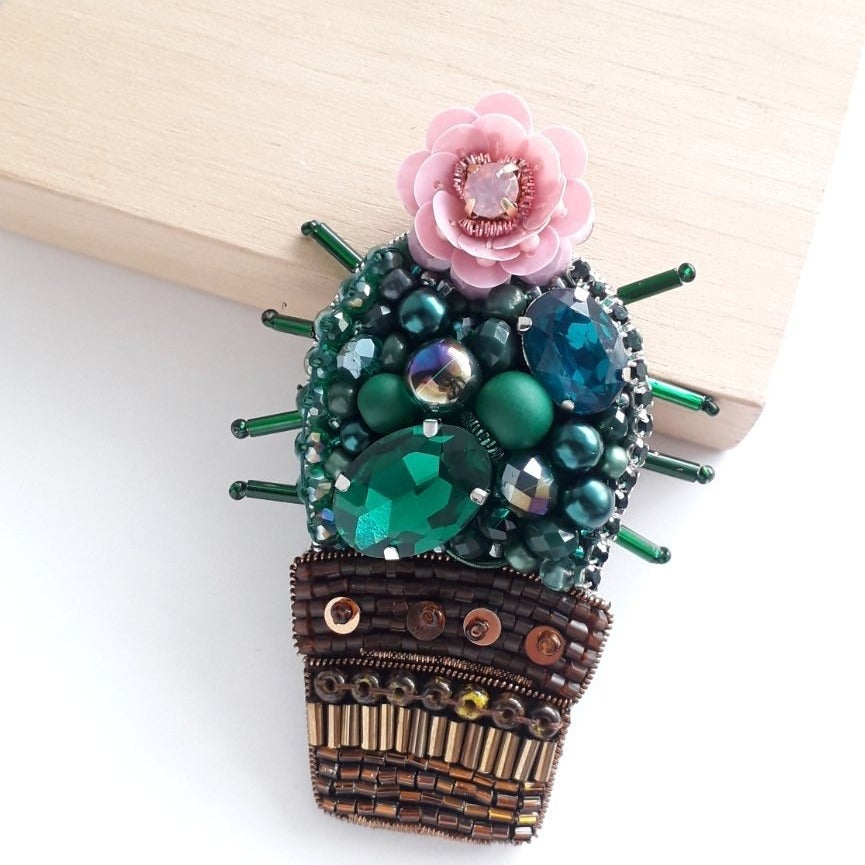 Cute Cactus Brooch with Pink Flower