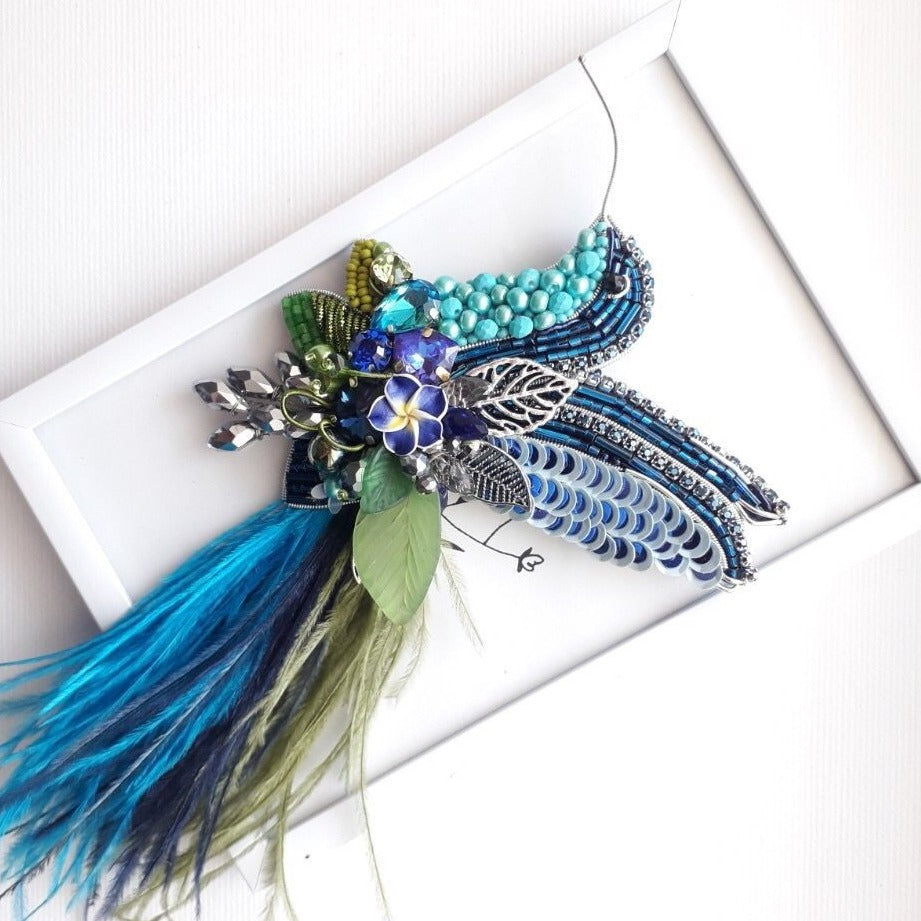 Hummingbird Brooch in Blue with Ostrich Feathers