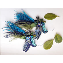 Load image into Gallery viewer, Hummingbird Brooch in Blue with Ostrich Feathers
