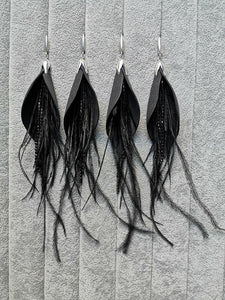 Black Earrings with Feathers-Silver Lock